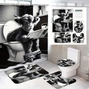 4pcs Highland Cow Bathroom Decor Set, and Shower Curtain, Adorable Cow Mural, Matching Rugs and Toilet Lid Cover,  The floor mat fabric is thicker and softer! Modern Bathroom Makeover