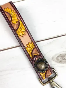 Yellow Sunflower Tooled Wristlet Leather Keychain