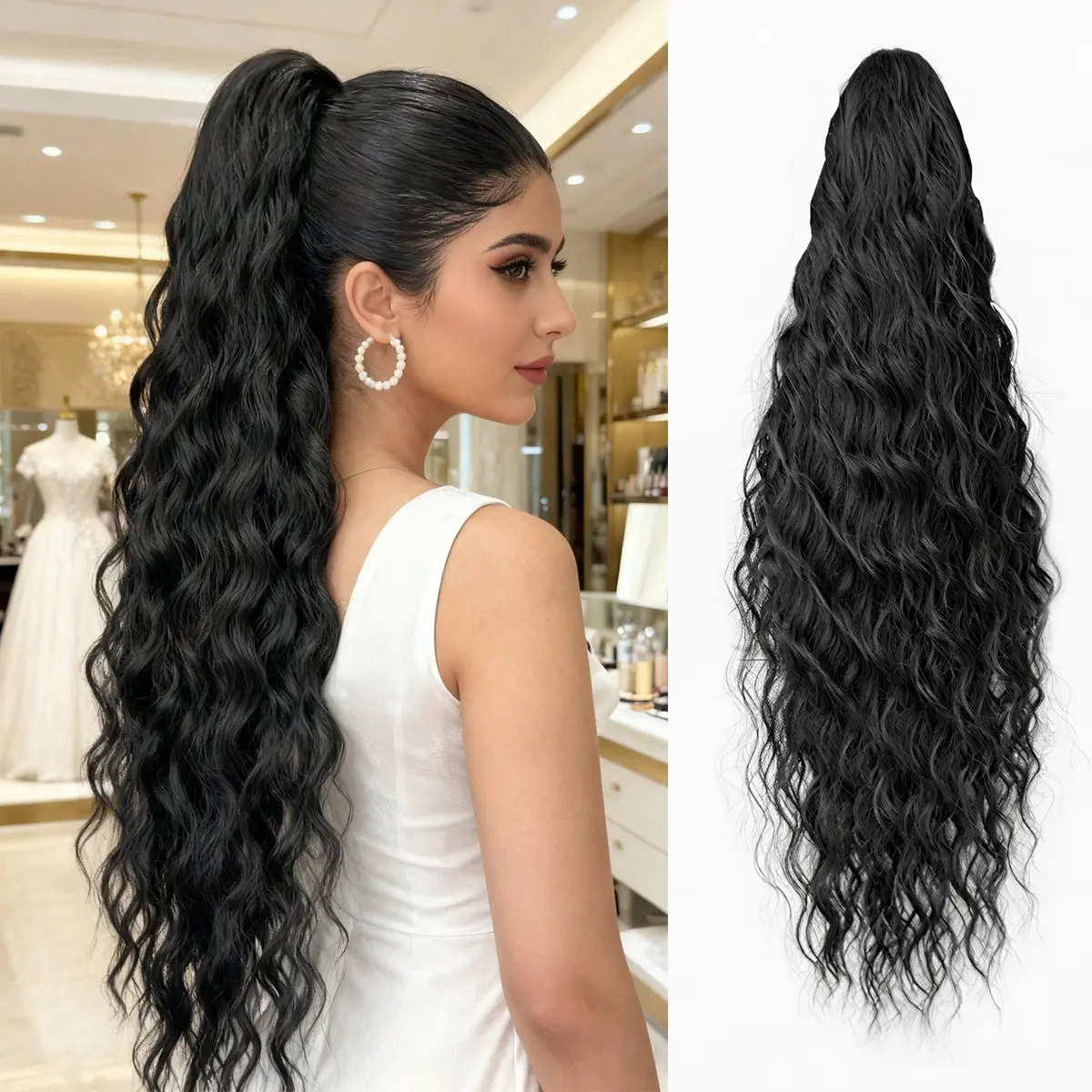HEYPINK Women’s Claw Water Wave Ponytail Extension - 26 in Black Synthetic Hairpiece, Heat-Resistant Fiber, Fashion Accessory for Party, Daily Hair Transition Use