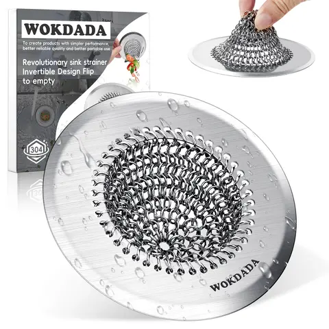 WOKDADA Handcrafted Stainless Steel Bathroom Sinks & Shower Drains Hair Catcher - 4.4in Diameter, 4.4in Drain Fit, Silver, 1 Piece, Patented Reversible Chain Flip-Clean Mesh Strainer, Anti-Clog, Smooth Drainage, Anti-Slip Base