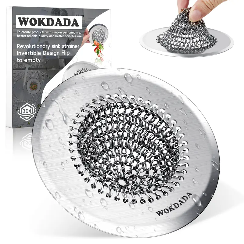 WOKDADA Handcrafted Stainless Steel Bathroom Sinks & Shower Drains Hair Catcher - 4.4in Diameter, 4.4in Drain Fit, Silver, 1 Piece, Patented Reversible Chain Flip-Clean Mesh Strainer, Anti-Clog, Smooth Drainage, Anti-Slip Base