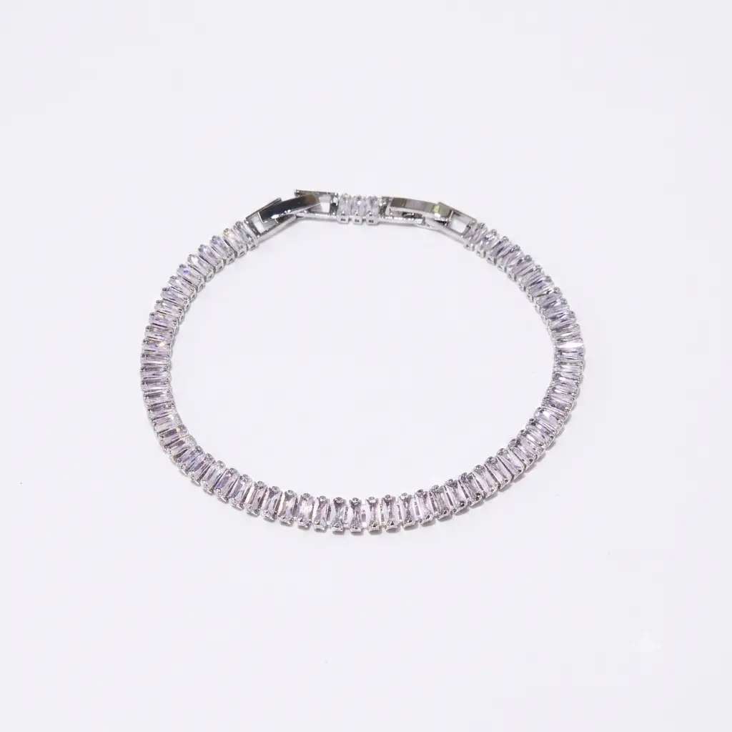 Slender Silver Baguette CZ Tennis Bracelet, Geometric Cut CZ Crystals, Flexible Band Everyday Costume Jewelry Bracelet, Vertical Rows, Unisex