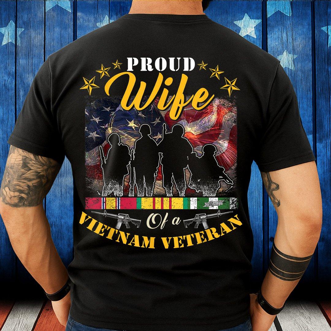 Proud Wife Of A Vietnam Veteran, T Shirt, Patriotic Military Family Tee, American Flag And Soldier Silhouette Design, Vietnam Service Ribbon, Cotton Crew Neck, Veteran Family Pride Gift