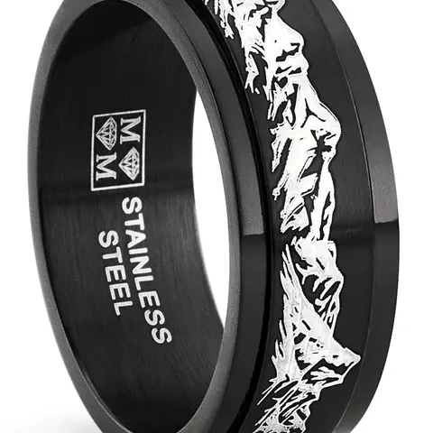 Men's 8mm (8-millimeter Wide) Brushed Premium Black Stainless Steel Customized Laser Engraved Mountain Fidget Ring - Artificial Gemstone Accent Metal Anxiety Relief Band, No-Box Design, Modern Wedding-Casual Style, Ideal Adult Gift