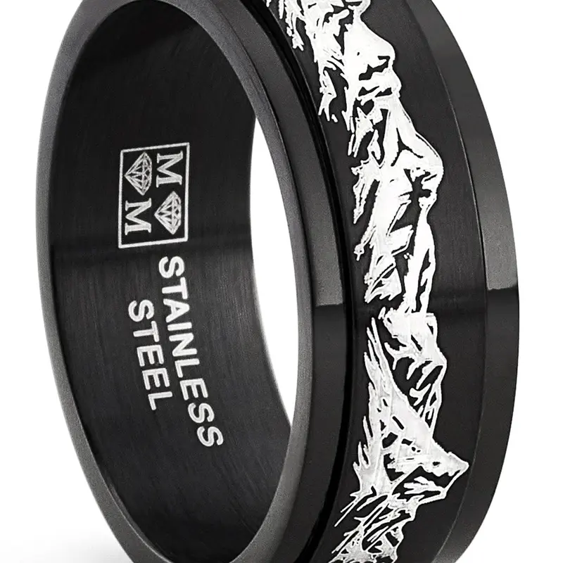 Men's 8mm (8-millimeter Wide) Brushed Premium Black Stainless Steel Customized Laser Engraved Mountain Fidget Ring - Artificial Gemstone Accent Metal Anxiety Relief Band, No-Box Design, Modern Wedding-Casual Style, Ideal Adult Gift