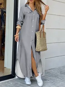 A women's solid-color fitted long split dress with a polo collar and a single-breasted button placket, suitable for spring and autumn, as well as daily wear, vacations and commuting, Casual Wear
