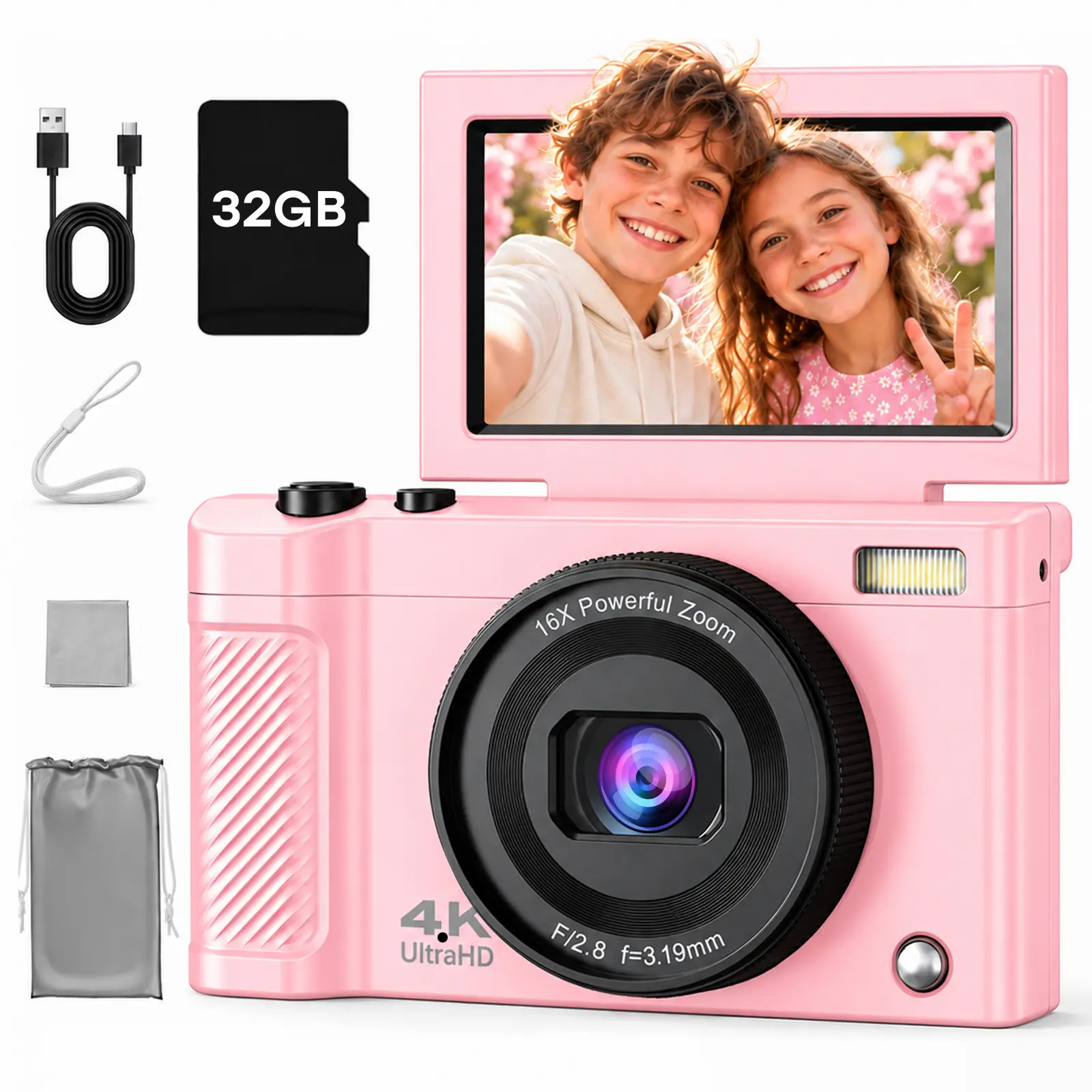 TOKKY 4K Digital Camera - Compact Digital Cameras with Flip Screen, 32GB Memory Card for Selfies, Travel Photography