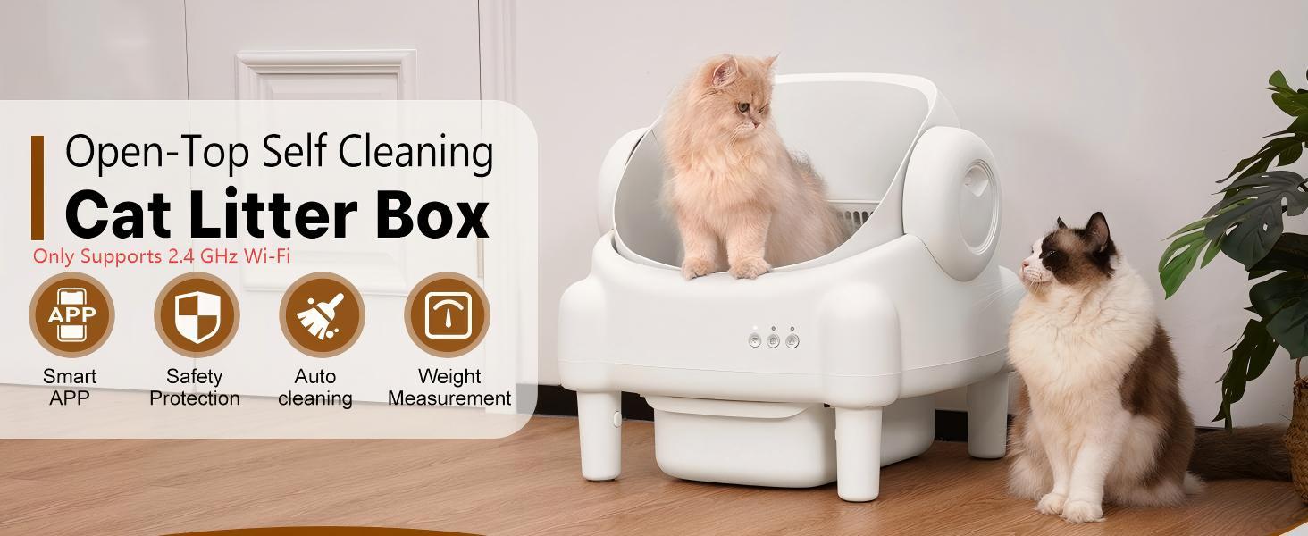 TAYACICY Smart Self Cleaning Litter Box Open Top Automatic with App Control for Multiple Cats Safety Sensors Odor Control Includes 2 Roll Liners Large Waste Bin Cream White