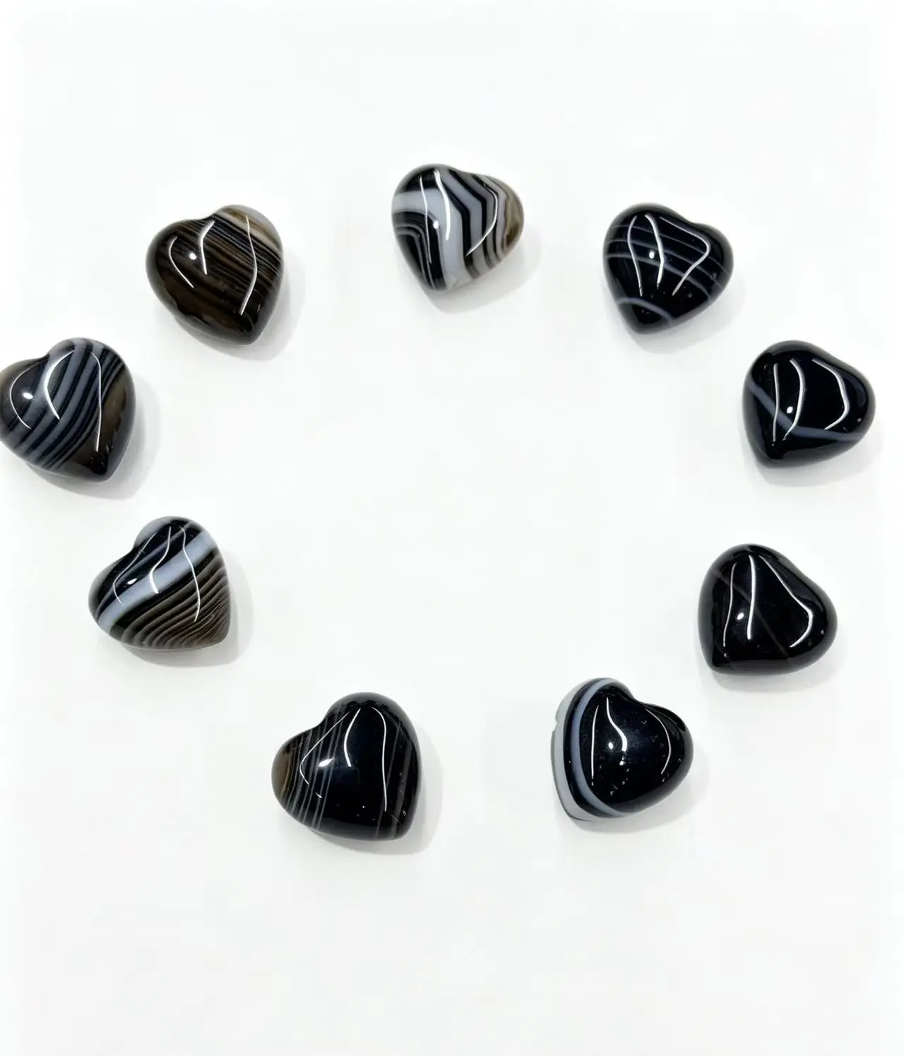 5pc Natural Black Agate Heart Stones, Polished Gemstone Carvings for Protection, Grounding, and Energy Healing