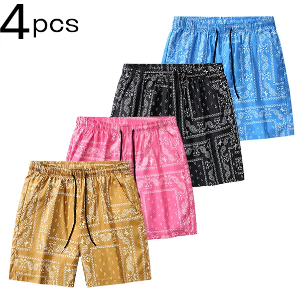 Men’s 4-pack beach shorts with nut print, drawstring elastic waistband casual shorts, suitable for seaside vacations, streetwear, and everyday home wear