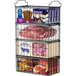Organizer Bins, 4 Pack Stackable Deep Chest Freezer Organizer Bins, Foldable Baskets with Handles, Black Storage Container Baskets for 5/ 7 Cu.FT Deep Freezer Sort Frozen Meats