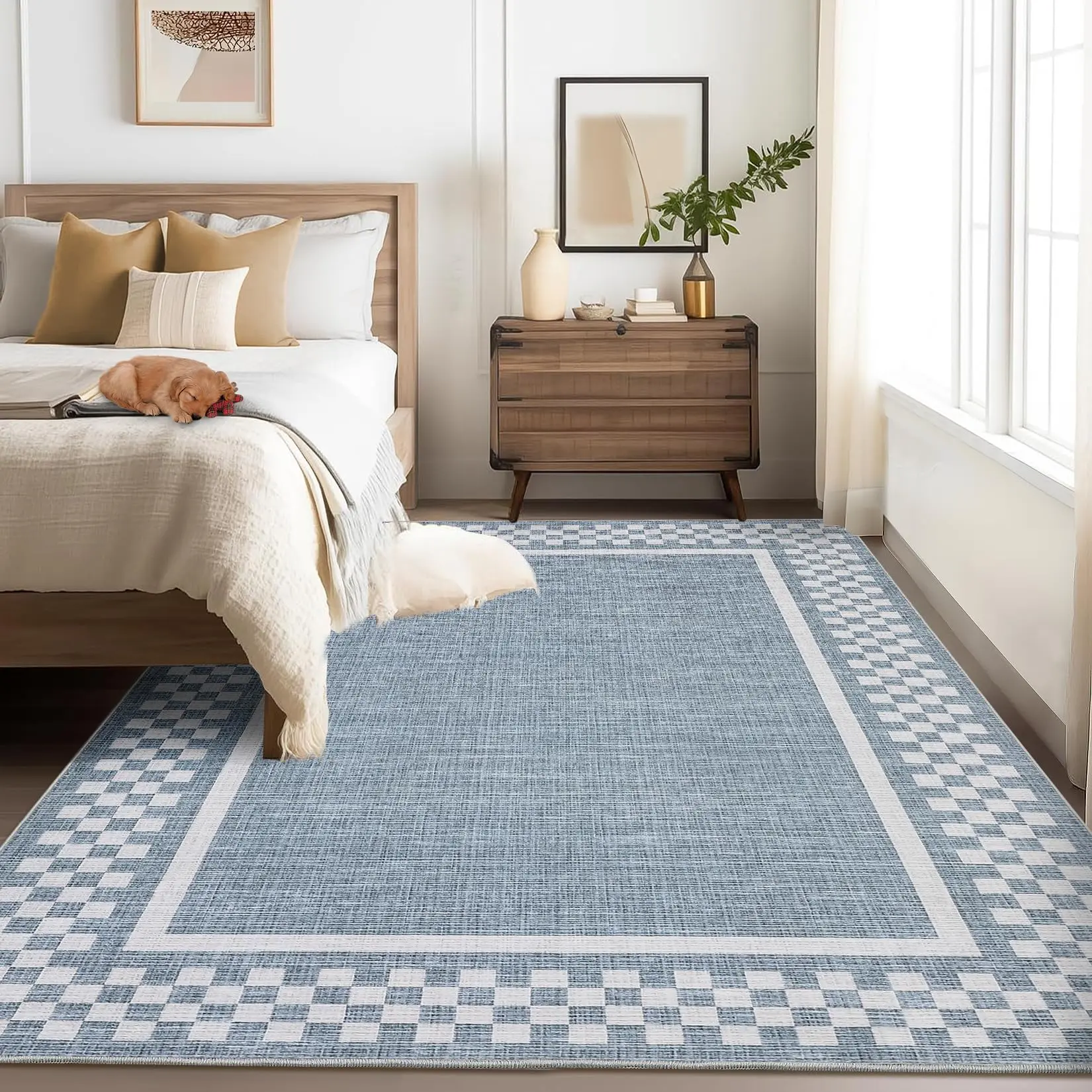 GARVEE - Washable rug, 5 x 7 inches, for bedroom, living room, non-slip, modern, with low edges, soft, checkered, for dining room, kitchen, baby room, office, blue color