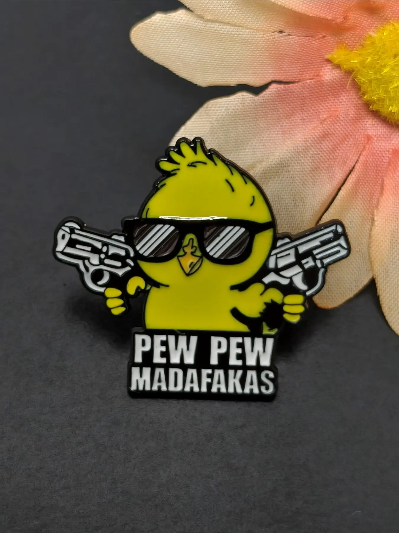 Pew Pew Madafakas' Yellow Chick Enamel Pin, Funny Bird with Guns & Sunglasses Brooch Animal Lapel Badge for Backpack Jacket Alloy Brooch Pin Lapel Pins