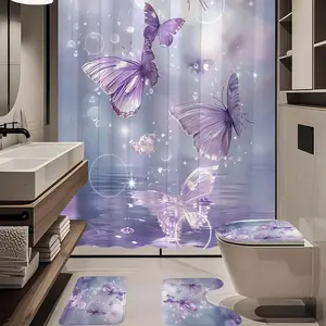 1/4pcflying purple butterfly starfish pattern bathroom set, The 4-piece set includes a single shower curtain, anti slip floor mat, toilet U-shaped mat, toilet lid mat, with shower curtain hook, and belongs to bathroom decoration products