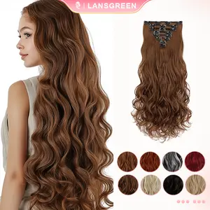 Lansigreen 8pcs Clip in Hair Extension 24inch 130g Curly Wavy Long Synthetic Hair Extensions with Clips in Fluffy, Layered,Glamorous & Blends Hairpiece for Women Summer Vibes