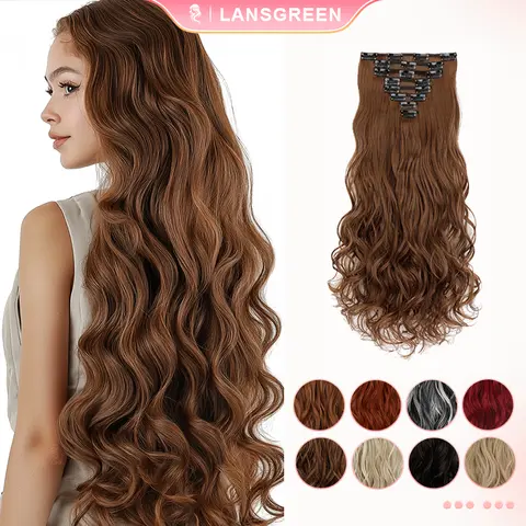 Lansigreen Women's Hair Extensions Clip In, 24-Inch Beach Curly Synthetic Pieces (8-Piece 130g Set) with Secure Steel Clips, Extra Long Wig Solutions for Instant Volume & Seamless Blending, Flexible Wear, After-Sales Service
