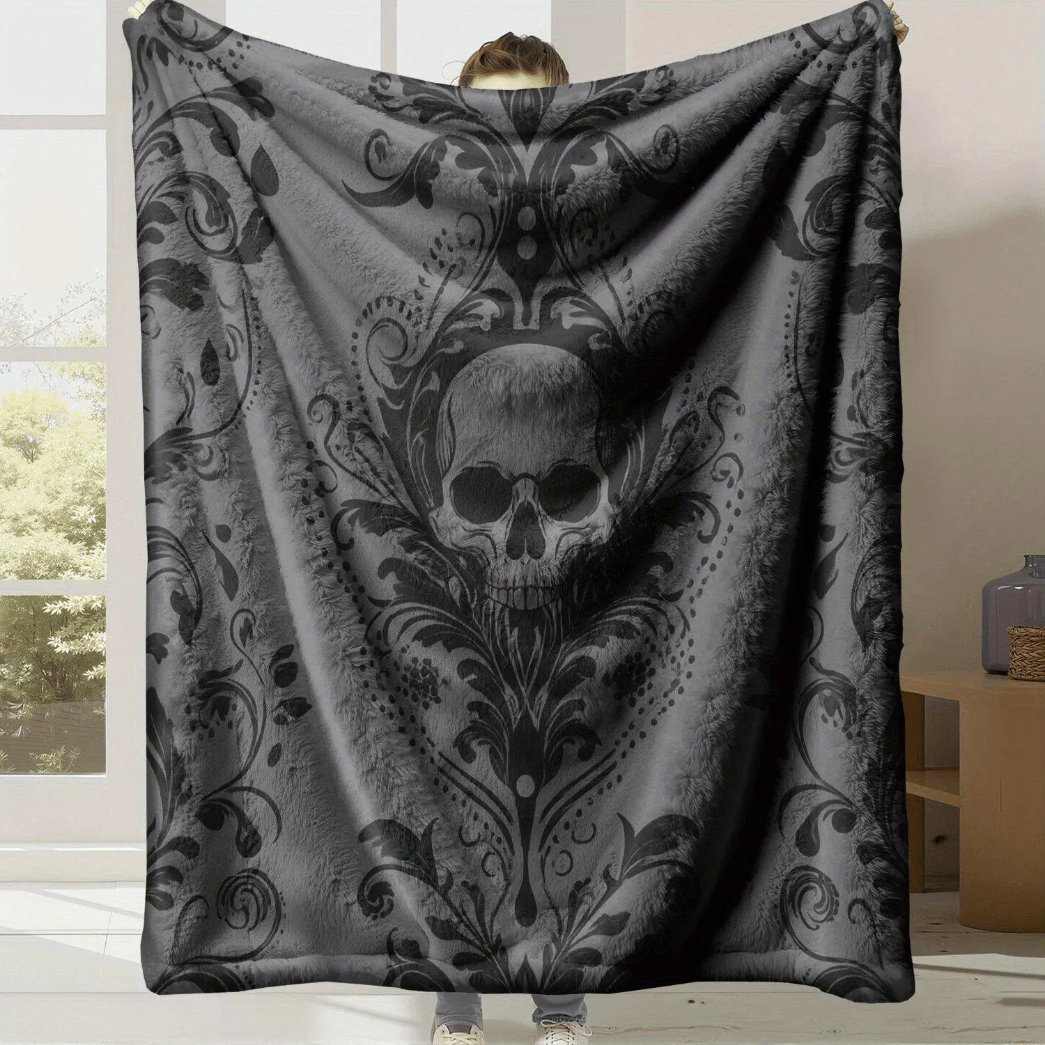 Ultra-Soft Flannel And Milk Velvet Blanket | 300GSM Anti-Static All-Season Throw for Bed, Sofa, Couch And Office, Lightweight Warm, Washable, Non-Fading with Skull Pattern Design, Contemporary Style, Mixed Color, Polyester