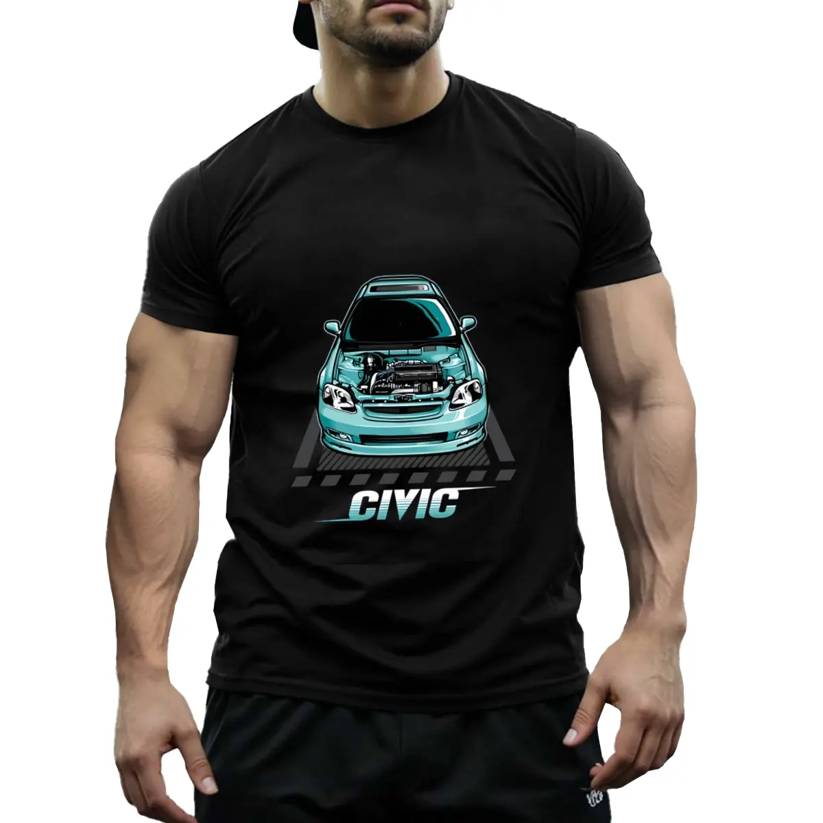 Men'S for HONDA Civic Graphic T-Shirt- Comfortable Cotton, Crew Neck, Short Sleeve, Teal Blue Engine Print, Summer Casual Wear