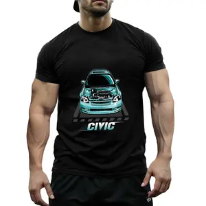 Men'S for HONDA Civic Graphic T-Shirt- Comfortable Cotton, Crew Neck, Short Sleeve, Teal Blue Engine Print, Summer Casual Wear
