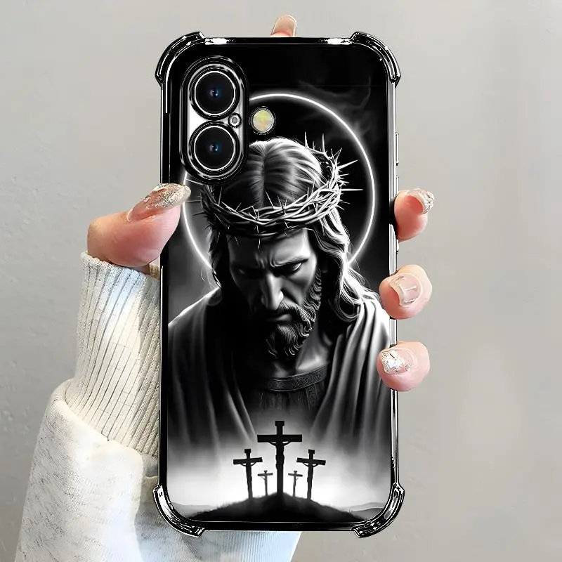 Transparent Jesus-Themed Protective TPU Cellphone Case - 4-Corner Air Cushion Shockproof Protective Cover for iPhone 16 Plus, Mobile Phone Accessories (995)