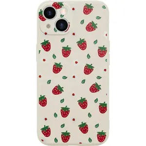 Cute Strawberry Floral Phone Case for iPhone 15 Strawberry Case Cover Liquid Silicone Soft Gel Rubber Matt Phone Cover with Microfiber Lining Protective Cover