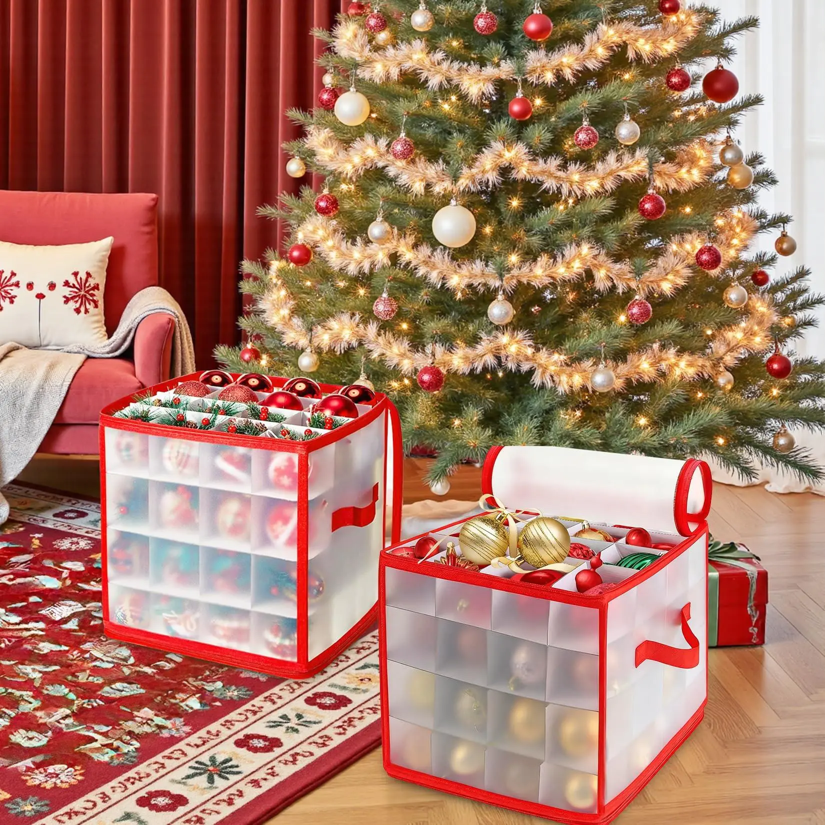 Set of 2 Christmas Ornament Storage Boxes, Christmas Storage Container, Stores Upto 128 Christmas Balls with Side Handle, Portable Storage Box for Christmas Tree Ornaments