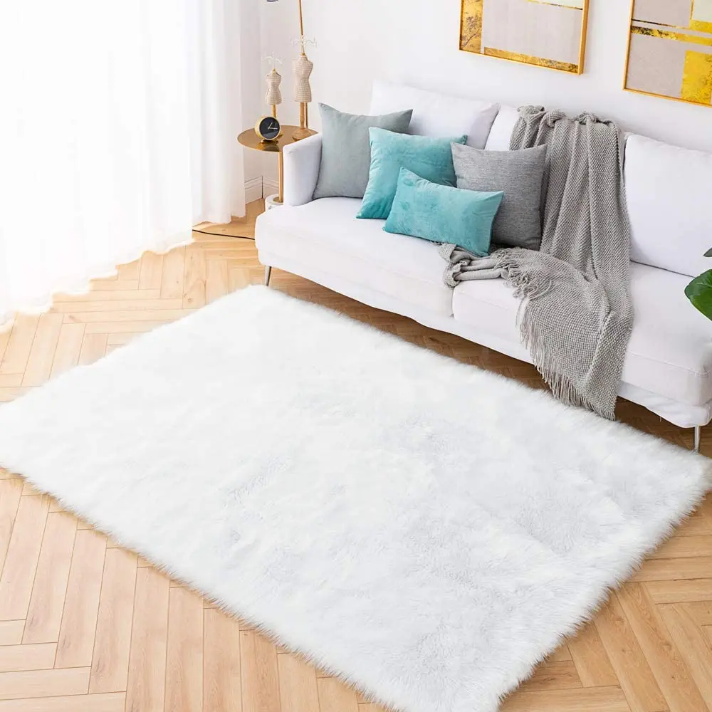Carvapet 6X9 Area Rug - White Shaggy Faux Sheepskin Large Fluffy Carpet Non Slip Premium Soft Furry Floor Mat for Bedroom Living Room Nursery