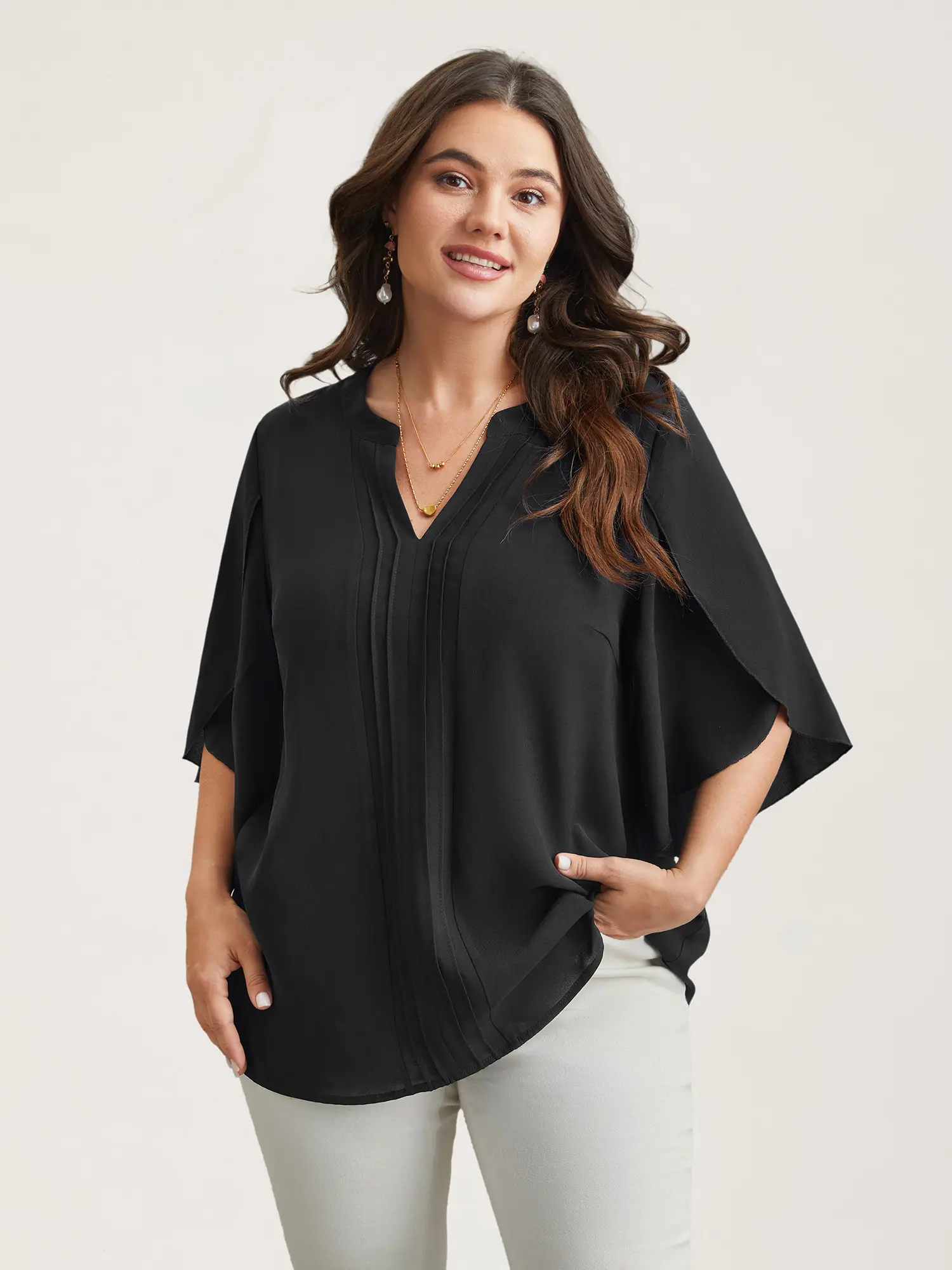 Women's Plus-Size Polyester Top - Toothpick Pleat Design, Pleated Petal Sleeves, Arm Freedom Fit,Summerfinds