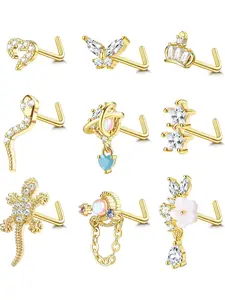 9Pcs 20G Nose Rings Studs Gold Nose Ring L Shaped for Women Cubic Zirconia Dangle Nose Rings Butterfly Heart Star Flower Silver Nose Stud Piercing Jewellery Nose Piercing Jewelry