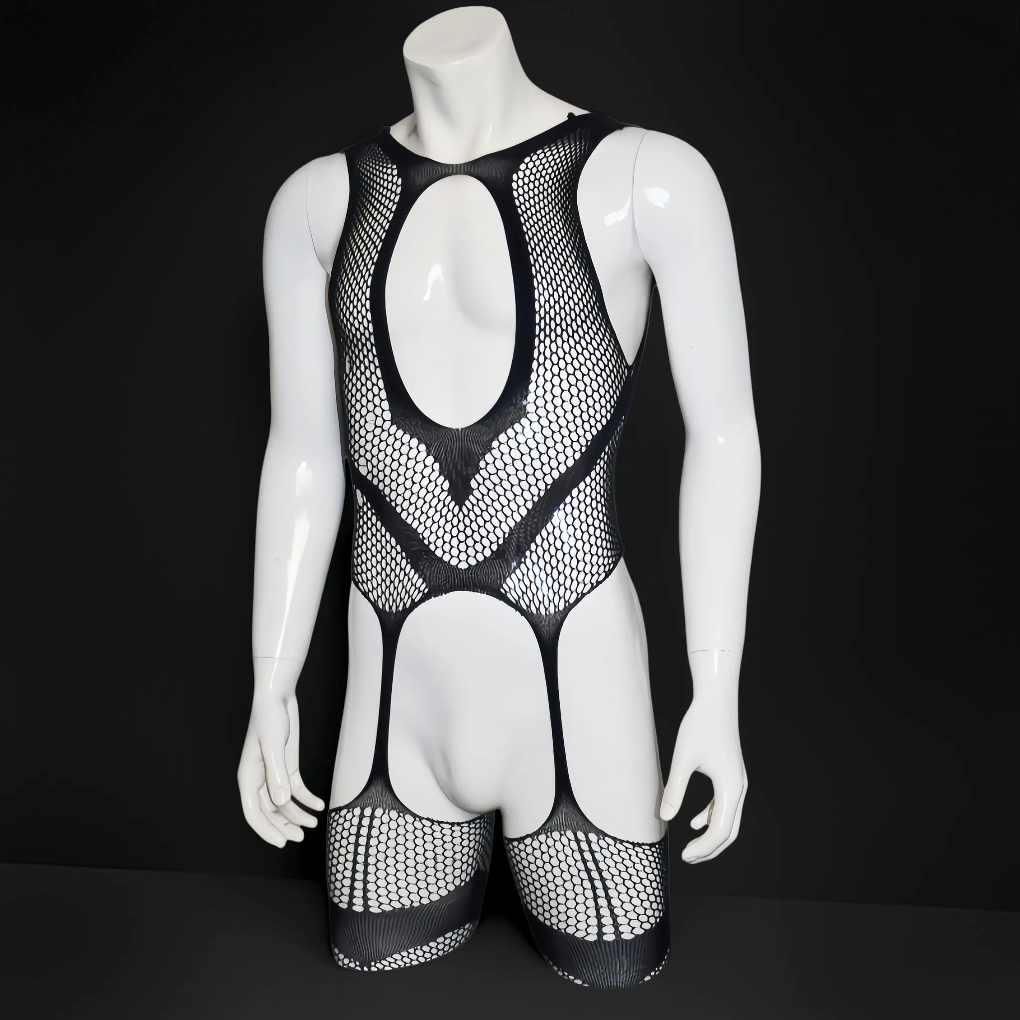 Men's V03 Romantic Fishnet Bodysuit Set - Stretchy, Breathable Mesh Lingerie with Punk Leather Waist Chain, Sexy Lingerie for Date Night, Valentine's Day Gifts, Punk Lingerie