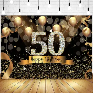 Black Happy 50th Birthday Backdrop Glitter Golden Balloons Sequins Ribbons Fifty 50  Bday Party Decorations Banner Photo Booth Photography Background for Men Women 6x4ft