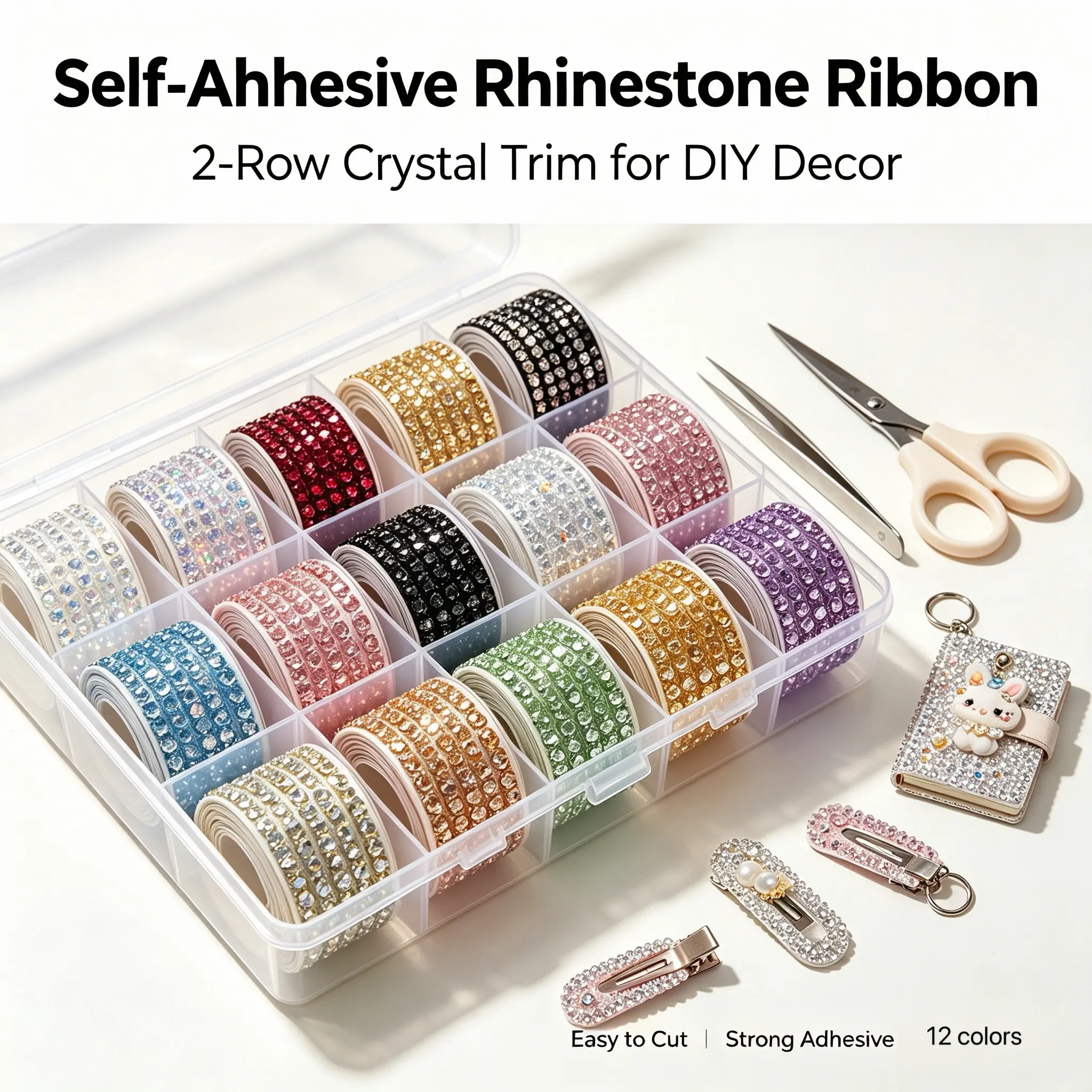 Bling Self-Adhesive Rhinestone Strip, 2-Row Crystal Rhinestone Ribbon for Custom Tech, Shoes, Bags & Handmade DIY Projects