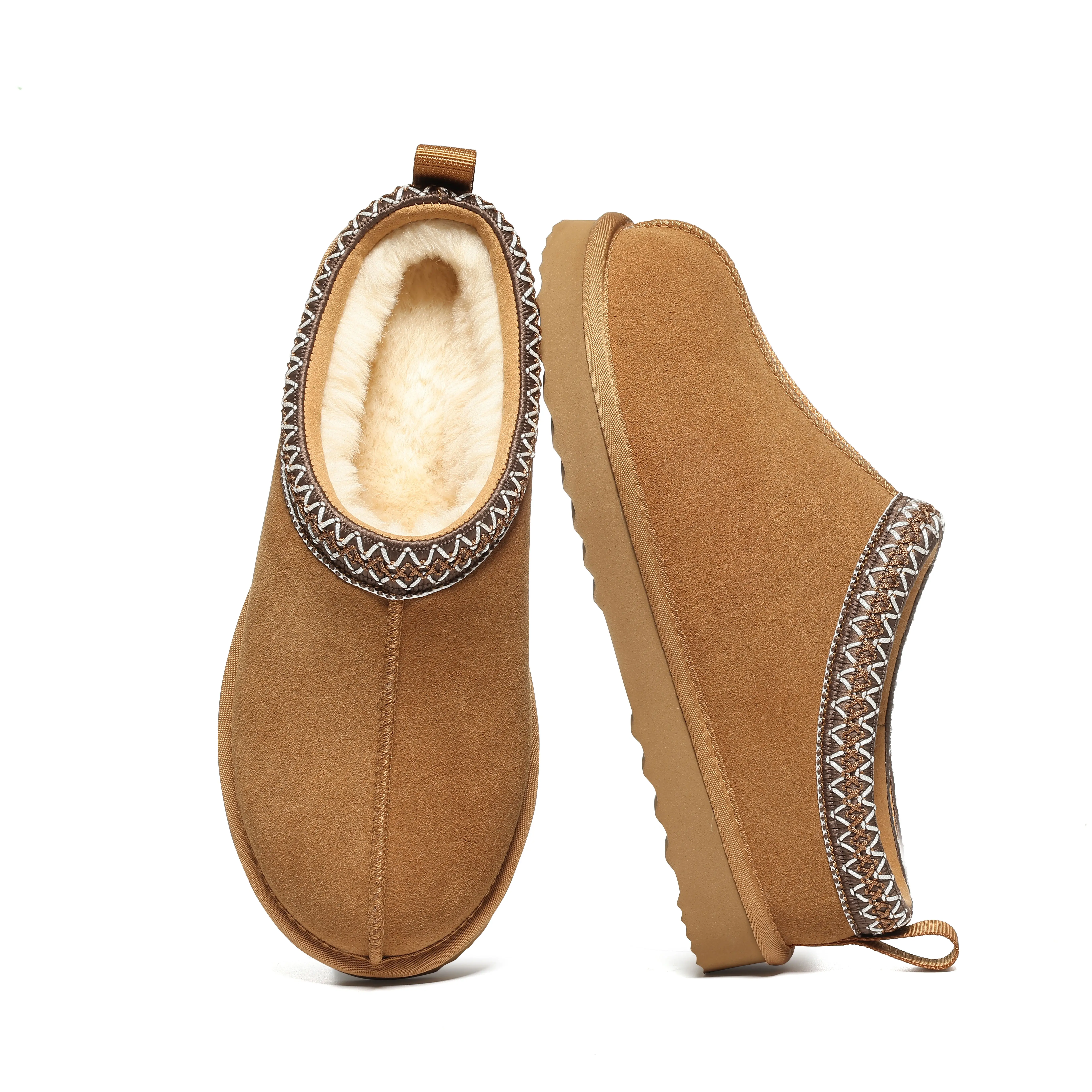 【Litfun】 Women's Classic Chic 2-in-1 Suede Round Toe Faux Fur Lined Ankle Boot Slippers, Chestnut Warm Shoes with Non-Slip Durable Sole for Indoor-Outdoor Daily Wear, Faux Fur Slippers