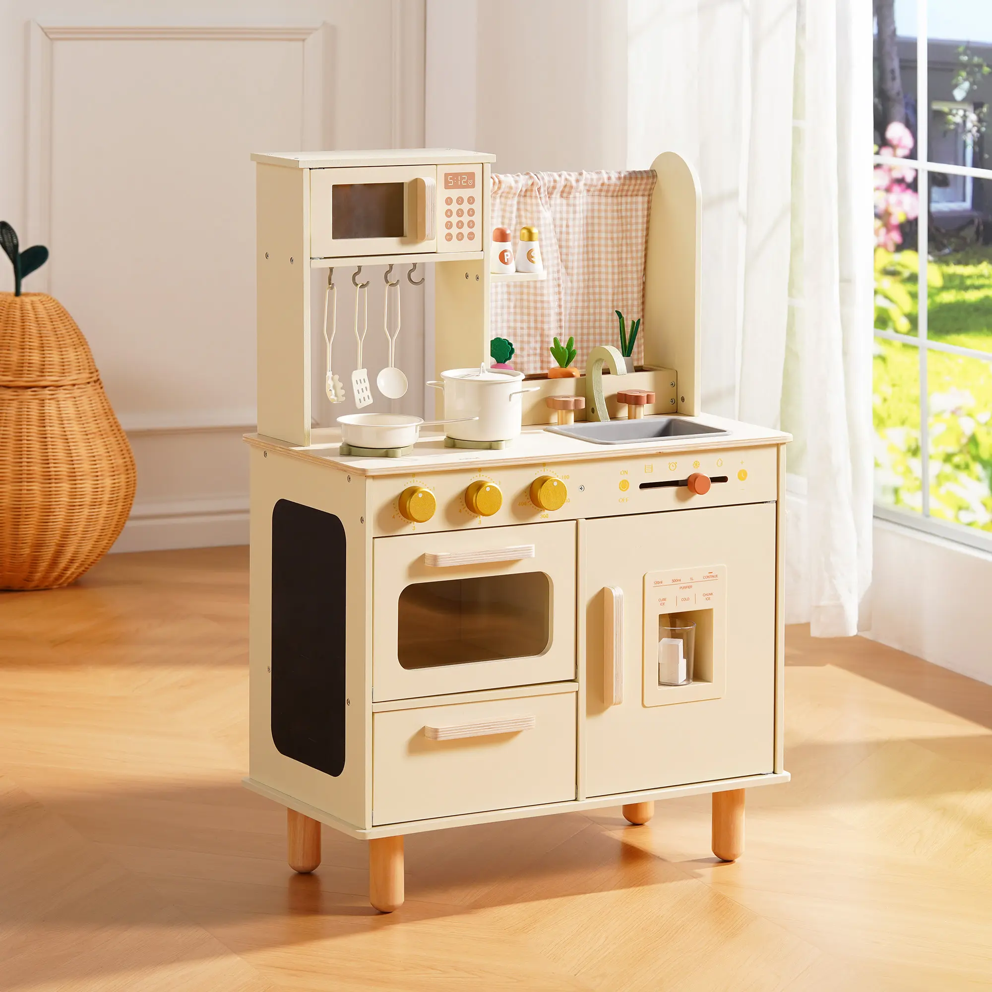 ROBUD Wooden Pretend Play Kitchen Set for Kids, Wooden Kids Kitchen Playset for Kids with Realistic Design, Sink, Oven, Stove, Cabinet, American Vintage Style, Age 3+