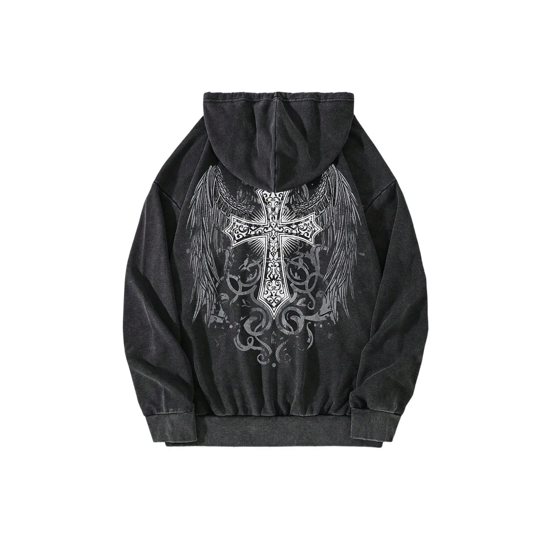 Men's Gothic Streetwear Fabric Zip Up Hoodie with Drop Shoulders, Loose Fit, Patch Pockets and a Drawcord Hood, Cargo, Graphic, Graphic Hoodies, Hooded, Shoulder:24.6in, Fleece Blend, Tops, Soft, Joggers, Sweatshirts