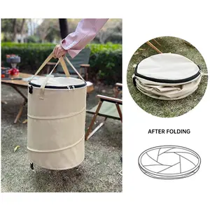 Outdoor foldable trash can with a lid【Khaki】, camping round thickened Oxford cloth storage bucket, picnic and camping anti-spill storage bucket, portable multi-functional large-capacity elastic bucket, wear-resistant and easy-to-clean storage bag
