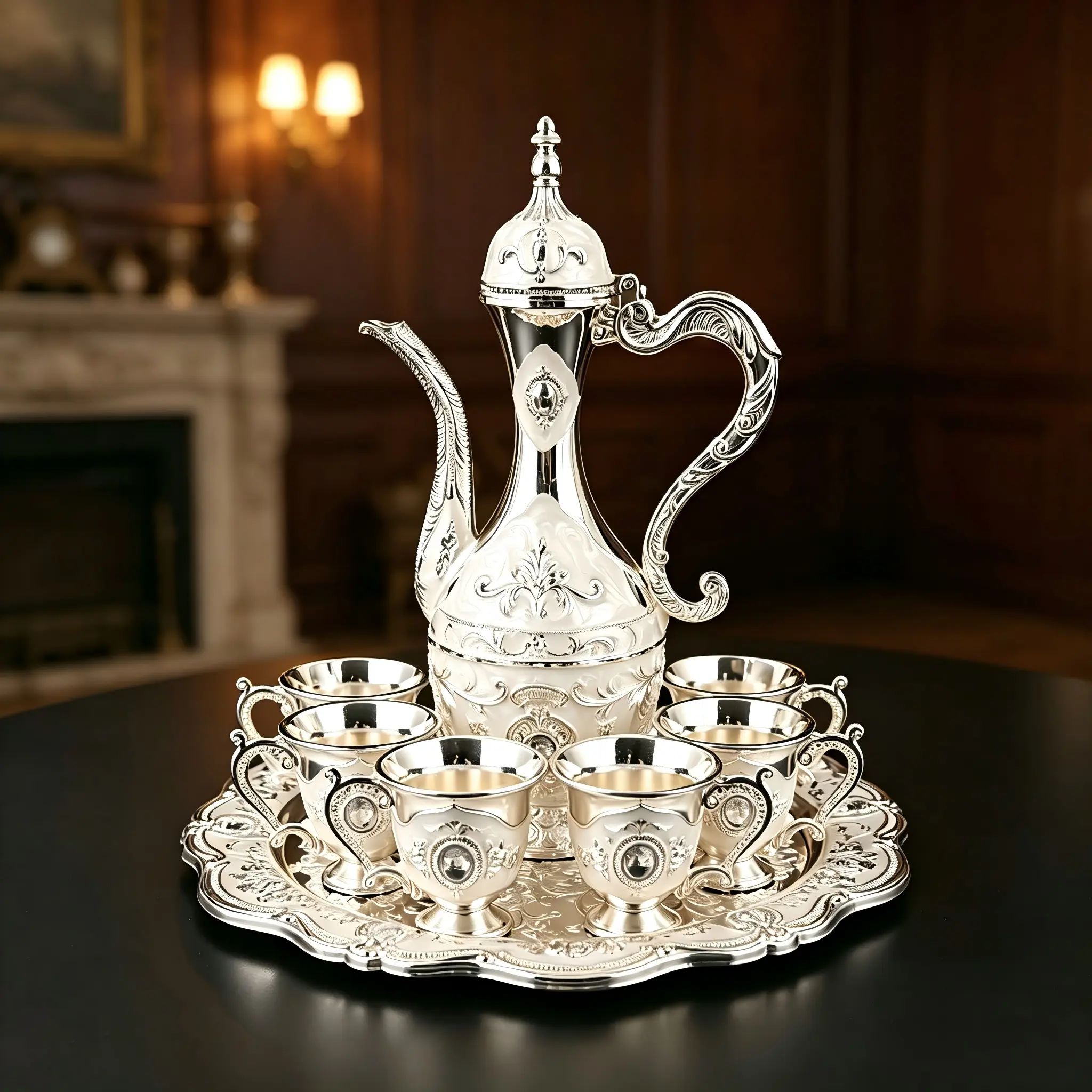 Vintage Luxury 8-Piece Embossed Zinc Alloy Beverage Serving Set - Teapot, 6 Cups, Serving Tray - Sturdy Metal Drinkware for Tea, Parties, Gifting (Kitchenware Bar Set)