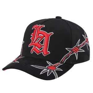Unisex Red Barbed Wire LA Snapback Hat - Bold Embroidery, Fearless Streetwear Style, Striking Red-Black Contrast, Oversized Gothic LA Lettering for Edgy Fashion Brands