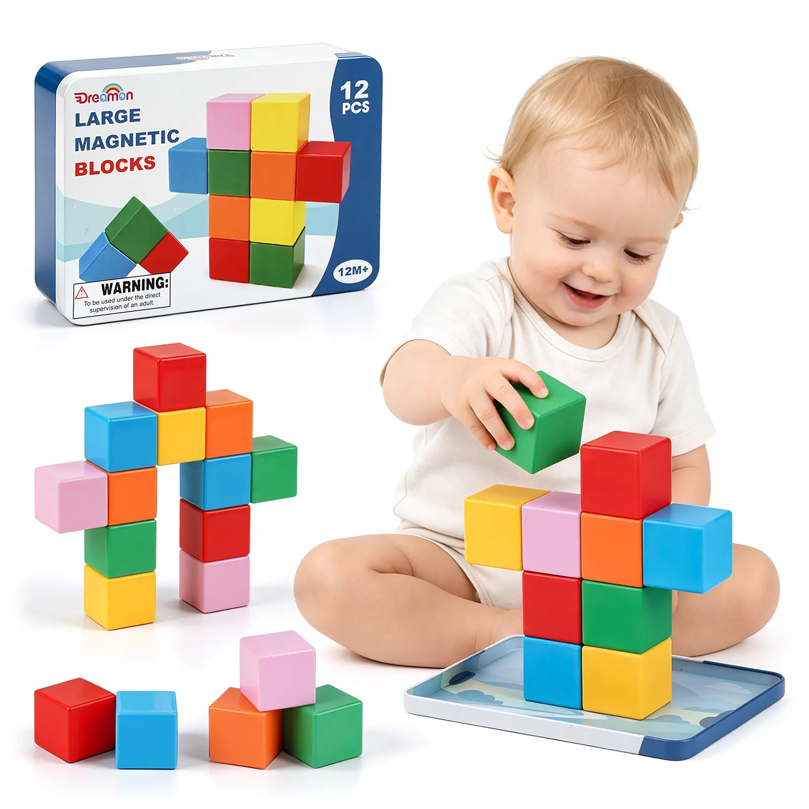 Dreamon Large Magnetic Blocks with Metal Box, 1.65in Magnetic Building Cubes Toddler Travel Essentials Toys for Boys Girls Ages 1-3, 12 PCS STEM Educational Magnet Sensory & Montessori Toys Birthday Gifts