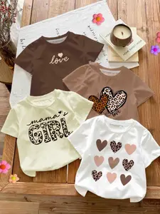 Girls' Round Neck Printed Short Sleeve Top Set of 4, Slim Fit Comfortable Versatile Casual Daily Wear, Spring Summer Fall Winter