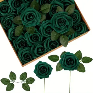 50pcs Artificial Roses with 8pcs Leaves - Bulk Realistic Foam Roses with Stems Suitable for Decoration DIY Wedding Bouquets, Centerpieces, Bridal Shower, Valentines, Christmas Tree Decor - Plastic Flowers