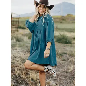 Women’s corduroy A-line dress with 3/4 puff sleeves — solid color, machine-washable, suitable for spring, summer, and fall; casual to semi-formal wear; smooth, non-stretch fabric; elegant A-line silhouette; versatile wardrobe essential.