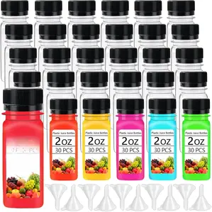 30PCS 2oz Small Plastic Shot Bottles with  Caps, Reusable Clear Juice Containers,Empty Plastic Containers with 10 Funnels for Ginger,Liquids,Beverages