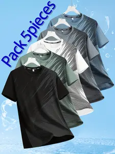 5-Pack – Assorted Colors Men’s Casual Sports T‑Shirts, Quick-Dry Summer Short‑Sleeve Tops, Stretchable and Breathable Printed Fitness Training Shirts for Men, Suitable for Sports, Outdoor Activities, and Casual Wear; Ideal as a Gift