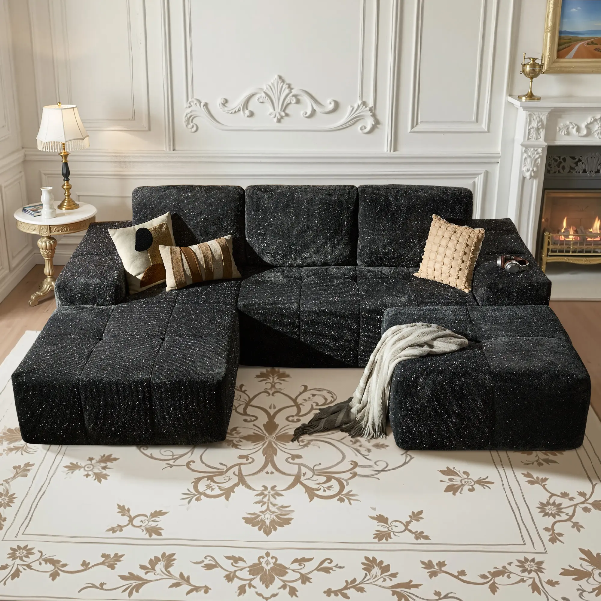 Silver Velvet Fabric Grey Left Chaise & Ottoman