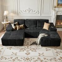 Silver Velvet Fabric Grey Left Chaise & Ottoman