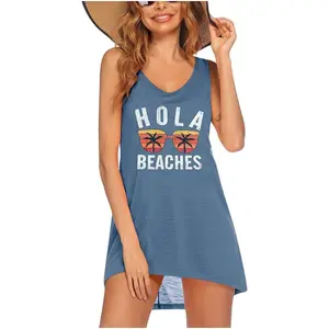 Ekouaer Women's Sleeveless Swimwear Coverups T-Shirt Beach Dress Tank Bikini Cover Up with Print