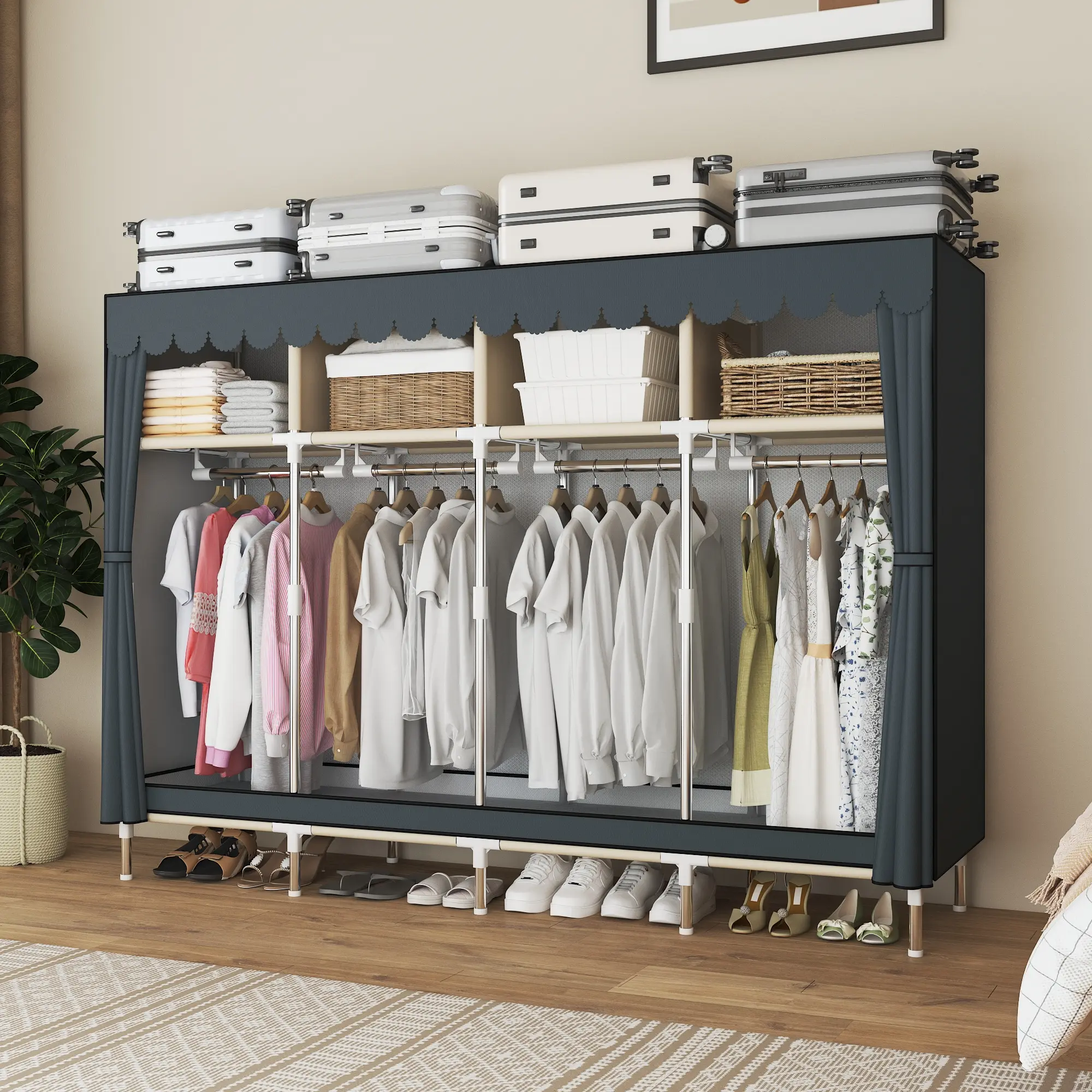 Large Capacity Freestanding Metal Frame Wardrobe With Metal And Fabric Materials, Dustproof Storage Design-ideal For Dorms, Grey 78.7" Lx 17.7" Wx 66.9 H clothing storage Closet Organizer apartment living room furniture dressers for bedroom furniture set