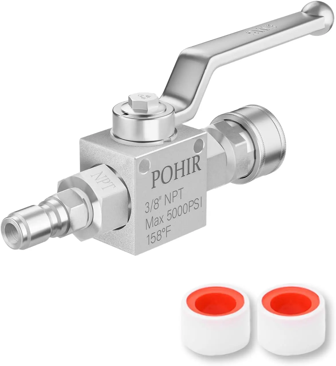 POHIR Stainless Steel Metal Pressure Washer Ball Valve - 5000 PSI, 3/8" Quick Connect, Leakproof Shut Off Valve, Impact-Resistant, High-Temperature Suitable for Most High Pressure Washers, High Temperature Environment