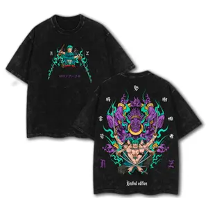 Oversized Retro Washed T-Shirt, Double-Sided Print with Roronoa Zoro Santoryu & Ashura Demon Graphic, Unisex Casual Streetwear Tee for Men Women, Perfect for Outdoor & Daily Wear